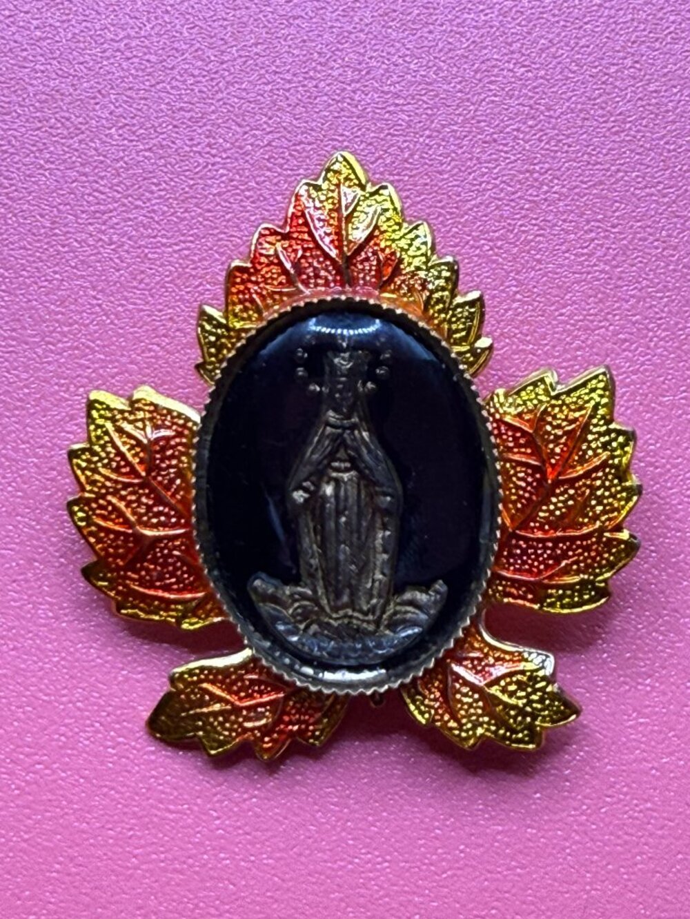 Vintage Black Glass Our Lady Virgin Mary Maple Leaf Pin